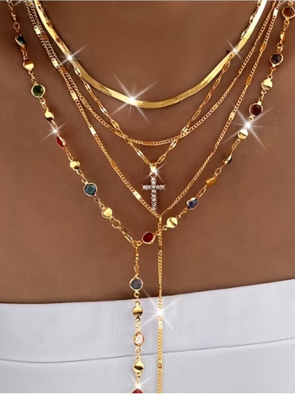 5 Pieces Gold Layered Multicolor Gemstone Cross Necklaces for Women